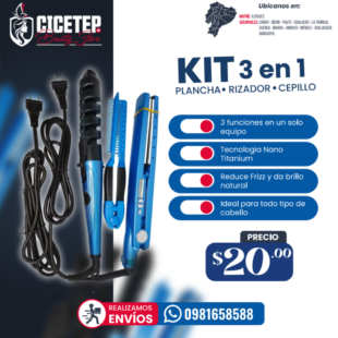 Kit 3 en 1: Plancha + Rizador + Cepillo
